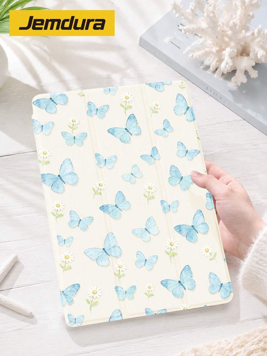 Blue Butterfly, Daisy Flower Pattern Tablet Protective Case, Tri-Fold Stand Protective Shell, Compatible With IPad 10.2" (A16) 11" 11th Gen 2025 8th/9th/10th Gen, Air 4th 10.9", Galaxy Tab S6 Lite 10.4", /, Anti-Drop, With Pen Slot, Support Sleep/Wake, Gift For Kids / Gift For Family