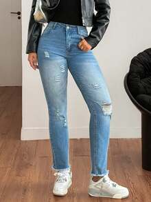 Quần jeans lửng phong cách đường phố Y2K, cạp cao, co giãn, rách gấu, dáng ôm, túi xéo, dài đến mắt cá chân, phù hợp cho nữ công sở mặc vào mùa thu xuân. - Màu xanh lam - Xem 5