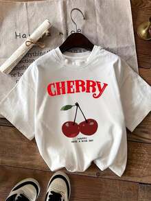 Camiseta con estampado, top casual de manga corta y cuello redondo, adecuada para verano y primavera, ropa de mujer. - Blanco - Ver 1