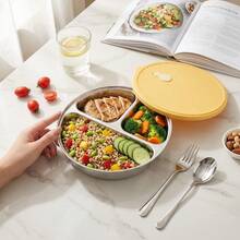 1pc/Set 3 Grids Round Dinner Plate With Lid, Stackable 304 Stainless Steel Dining Plate, Reusable Tableware, Durable Gridded Food Plate Tray, Suitable For Student & Adult Use In Home, School, Office, Restaurant, Canteen, Dishwasher Allowable - Multicolor - View 2
