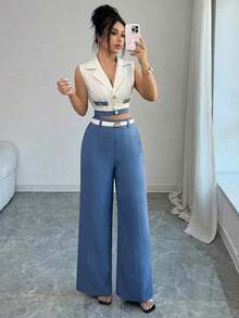 Conjunto de blazer corto sin mangas de color contrastante y pantalones rectos elegantes de estilo de oficina para mujer, atuendo profesional de oficina, vestimenta de maestra, ropa para ir y venir y uso casual - Azul - Ver 6
