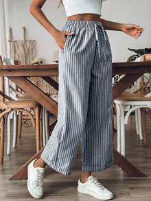Pantalones sueltos holgados de mujer con estampado de rayas, cintura con cordón y bolsillos, versátiles - Azul marino - Ver 5