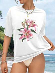 Camiseta de Verano con Estampado Gráfico Lily, Manga Corta, Cuello Redondo, Top Casual para Mujer para Verano y Primavera, Ropa de Mujer Transpirable y Cómoda - Blanco - Ver 1
