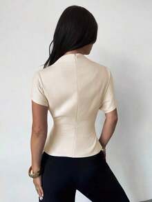 Blusa de bambú y lino con cuello arrugado, mangas asimétricas, plisado lateral y cintura ceñida, para uso diario, color albaricoque, para todas las estaciones - Beis - Ver 3