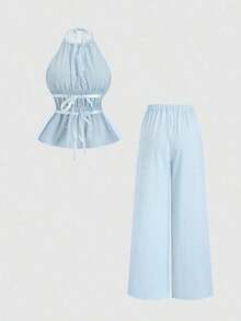 Conjunto de 2 piezas estilo francés relajado con camiseta sin mangas de cintura ceñida y pantalón ancho de pierna holgada, un conjunto de moda para mujeres - Azul - Ver 2