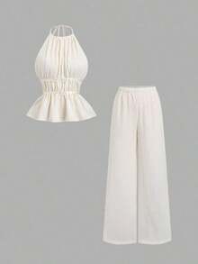 Conjunto de 2 piezas estilo francés relajado con camiseta sin mangas de cintura ceñida y pantalón ancho de pierna holgada, un conjunto de moda para mujeres - Albaricoque 2 - Ver 1