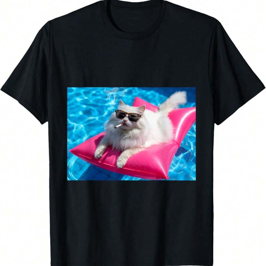 Cigarette Kitten Swimming Pool Cat Smoking Cigarette Meme T-Shirt - Black - View 1