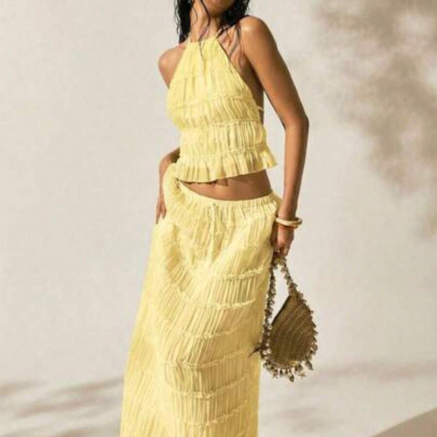 Women's Vacation Outdoor Romantic Halter Backless Low Waist Skirt Set Beach Skirt Set Summer Skirt And Top Set Summer 2 Piece Sets Woman Beach 2 Piece Set 2 Piece Skirt Set - Amarillo - Ver 1