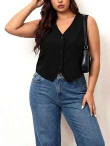 Chaleco negro ligero de talla grande, ropa de oficina para mujer, para silueta de manzana y redondeada, para el verano - Negro - Ver 3