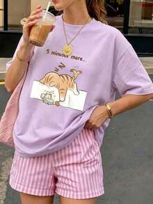 1 pieza Camiseta de mujer de manga corta y cuello redondo para verano, con estampado de letras en inglés "Cat Napping", adecuada para verano, playa, calle, diario, trabajo, fiesta de oficina, salida, carnaval, festival de música, San Valentín, fiesta.Hermosa blusa de estilo Y2K para mujer, atuendo de vacaciones para mujer.Ropa de oficina elegante, blusa linda, atuendo de vacaciones para mujer, vestido para cita nocturna, blusa elegante para mujer, ropa casual de verano, atuendo de vacaciones para mujer. - Morado - Ver 7