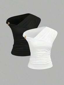 Camiseta ajustada con hombro asimétrico, cintura fruncida y decoración metálica, elegante y modesta para uso diario, color blanco, primavera/verano - Multicolor - Ver 4