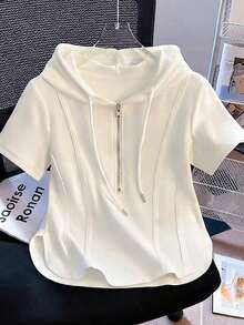 Camiseta con capucha y cremallera asimétrica de manga corta, nueva diseño de top casual para primavera/verano - Blanco 2 - Ver 5