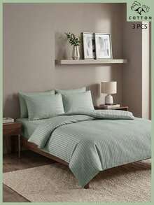 OPAQ Luxuriöses Bettwäsche-Set aus gestreiftem Satin – weich und seidig, 1 Bettbezug + 2 Kissenbezüge, 135 x 200 cm / 150 x 200 cm / 200 x 200 cm / 200 x 220 cm / 220 x 240 cm - Pastellgrün - Übersicht 3