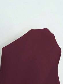 Camiseta de manga corta de cuello asimétrico para mujer talla grande, top ajustado versátil y elegante de alta gama, adecuado para primavera/verano - Burdeos - Ver 7