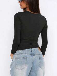 Camiseta De Verano Para Mujer unicolor De Cuello Redondo Y Manga Corta De Ajuste Delgado - Negro - Ver 2