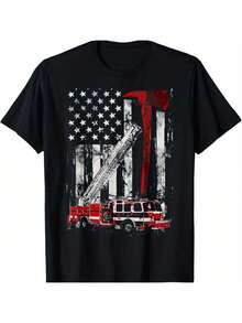 Fire Truck Axe T-Shirt With Thin Red Stripes, Short Sleeve Cotton T-Shirt With Round Neck, Comfortable And Soft, Casual Summer T-Shirt For Men - 黑色 - 查看 7