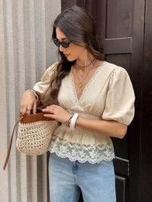 Blusa de mujer con pliegues, fruncido profundo y parches de encaje para vacaciones - Albaricoque - Ver 3
