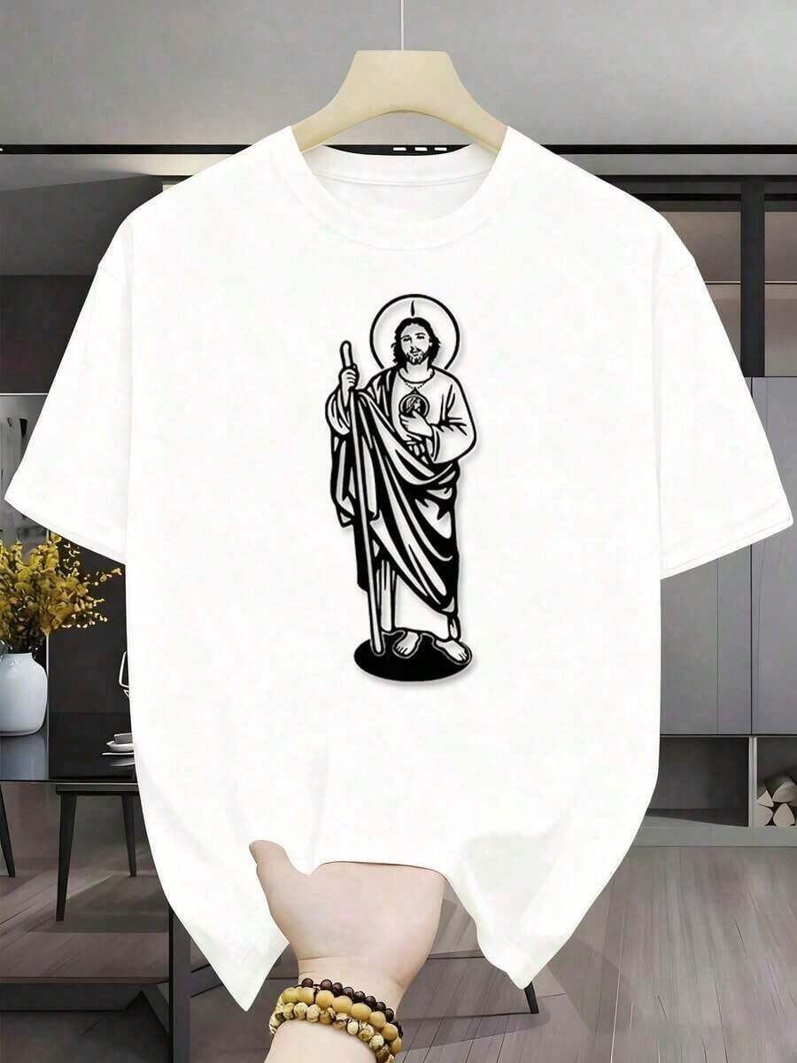 Tiendas locales, camisas de hombre, camisas de hombre, ropa de hombre, camisas para hombres, camiseta Tadeo 180G blanca y negra, patrón de impresión religiosa, impresión de alta calidad, cuello redondo, ajuste básico holgado, para hombres y mujeres, transpirable, versátil, lavable en máquina, cómoda, talla S ~ 3XL, diario, casual, deportiva, esencial para el verano. - Blanco - Ver 1
