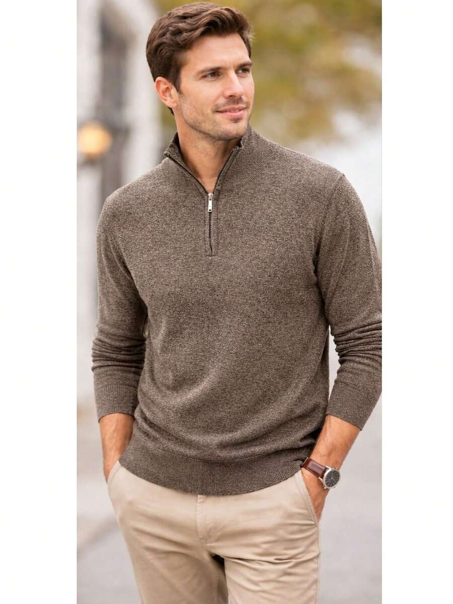 Men's High Neck Sweater With Zipper, Premium Half Knit - màu nâu - Xem 1