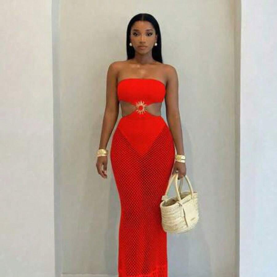 BamGlam Women's Sexy Hollow Out Fishnet Design Strapless Vacation/Date Dress - Rojo - Ver 1