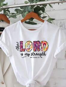 1 Women's T-Shirt With Religious Floral Print - White Religious Clothing, Casual Round Neck Top, Suitable For Church, Bible Study And As A Gift For Christian Women, 180g Opaque 100% Cotton Fabric. - 白色 - 查看 1
