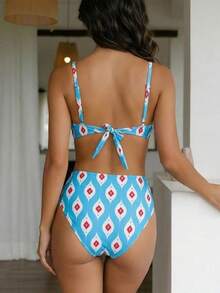 2 piezas Conjunto de bikini de cintura alta con diseño de rombo y espalda descubierta, adecuado para la playa, vacaciones, verano - azul cielo - Ver 2