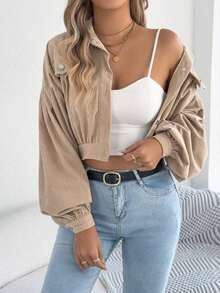 Casual Personalized Street Lantern Sleeve Corduroy Long Sleeve Short Jacket, Spring/Autumn - Caqui - Ver 4