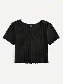 Top tejido de canalé con botón delantero de borde en forma de lechuga - Negro - Ver 3