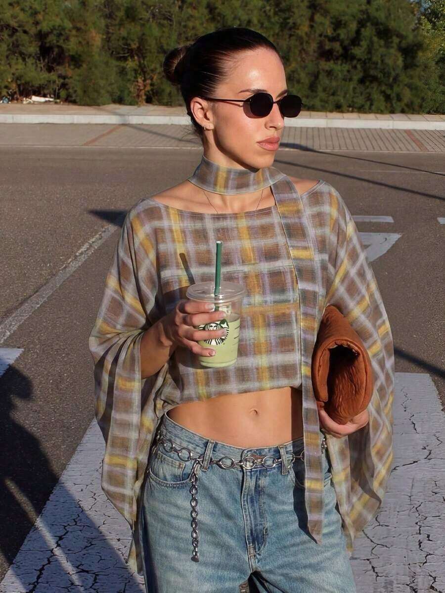 Poncho de mujer con cuello redondo y mangas de murciélago a cuadros, elegante ropa de primavera para damas - Niebla azul - Ver 1