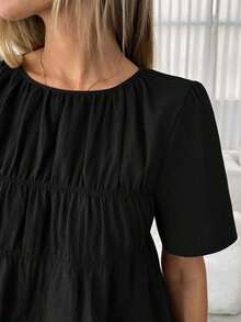 Camisa casual de mujer de unicolor, cuello redondo, manga corta y plisada - Negro - Ver 6
