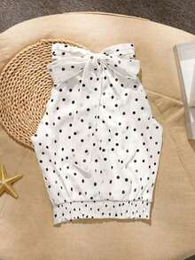 Blusa de mujer de verano, casual y elegante, con cuello de halter y corbata, de tela con textura de lunares - Blanco - Ver 2