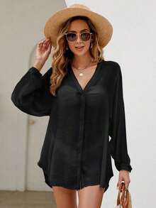 Holidaya Kimono unicolor con botón delantero - Negro - Ver 5