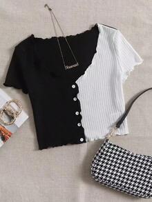 Camiseta casual de mujer con botones, mangas cortas y volantes de color contrastante - Blanco y Negro - Ver 7