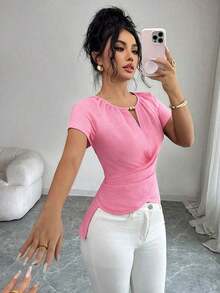 Blusa de manga corta con cuello redondo, estilo envolvente, elegante y casual, con cinturón y cuentas, adecuada para ir al trabajo, citas, y uso durante todo el año en primavera/verano.Blusa elegante para damas, apropiada para fiestas, citas, oficina, negocios, vida diaria en primavera/verano, temporada de graduación, Día del Maestro, vuelta al colegio, Acción de Gracias.Blusa de manga corta para uso diario, de unicolor con cuentas. - Rosa - Ver 3