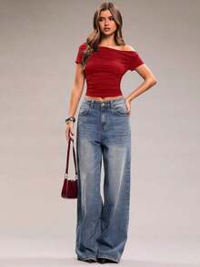 Camiseta corta ajustada con cuello asimétrico y fruncido, de unicolor, informal, para verano - Rojo - Ver 7