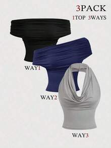 Set de 3 camisetas de tirantes plisadas de unicolor, versátiles y elegantes para el verano - Gris - Ver 11