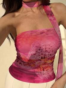 Blusa elegante y romántica de mujer con estampado floral teñido anudado y volantes sin tirantes - Rosa - Ver 1