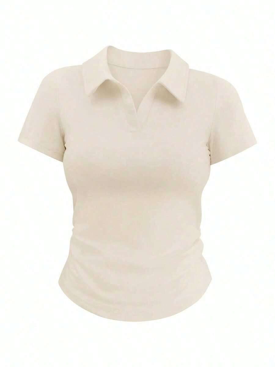 Camiseta de manga corta minimalista de unicolor para mujer, uso casual de todos los días - Caqui - Ver 1
