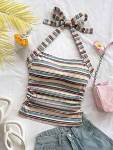 Parte superior corta ajustada con cuello de halter casual para vacaciones de mujer, verano de mujer, sin espalda, ropa de vacaciones de mujer, lunares, primavera de mujer, verano, parte superior para salir de mujer, vacaciones de mujer - Azul - Ver 5