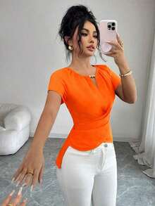 Blusa de manga corta con cuello redondo, estilo envolvente, elegante y casual, con cinturón y cuentas, adecuada para ir al trabajo, citas, y uso durante todo el año en primavera/verano.Blusa elegante para damas, apropiada para fiestas, citas, oficina, negocios, vida diaria en primavera/verano, temporada de graduación, Día del Maestro, vuelta al colegio, Acción de Gracias.Blusa de manga corta para uso diario, de unicolor con cuentas. - Naranja - Ver 6