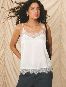-E Elegante conjunto de vacaciones para mujer con top de tirantes finos, ajuste ceñido, de satén beige con ribete de encaje - Albaricoque - Ver 7