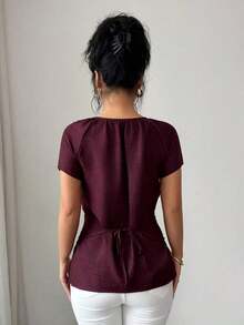 Blusa de manga corta con cuello redondo, estilo envolvente, elegante y casual, con cinturón y cuentas, adecuada para ir al trabajo, citas, y uso durante todo el año en primavera/verano.Blusa elegante para damas, apropiada para fiestas, citas, oficina, negocios, vida diaria en primavera/verano, temporada de graduación, Día del Maestro, vuelta al colegio, Acción de Gracias.Blusa de manga corta para uso diario, de unicolor con cuentas. - Morado - Ver 2