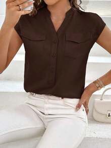 Camisa casual de mujer de unicolor con cuello en V, abotonadura sencilla y bolsillo - Café integral - Ver 7