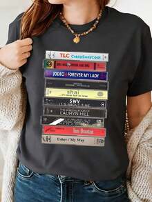 90s R&B Cassette Print T-Shirt, Women's Spring/Summer Clothing, Crew Neck T-Shirt, Women's T-Shirt, Women's Summer Short Sleeve Top, Women's Spring/Summer Sets - 深灰色 - 查看 2