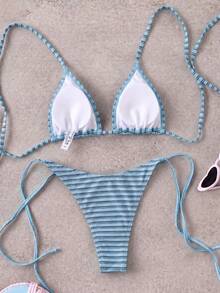 Bộ bikini hai mảnh buộc dây màu xanh hải quân và đen kẻ sọc cổ điển, kiểu dáng gợi cảm, cạp cao, ôm sát, thích hợp cho kỳ nghỉ hè của phụ nữ. - Nhiều màu - Xem 2