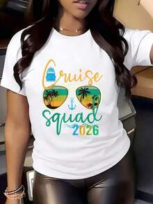 Camiseta de mujer de cuello redondo con diseño de gafas de sol y palmeras para vacaciones de verano, crucero, fiesta en llaya y vies, 220g - Blanco - Ver 2