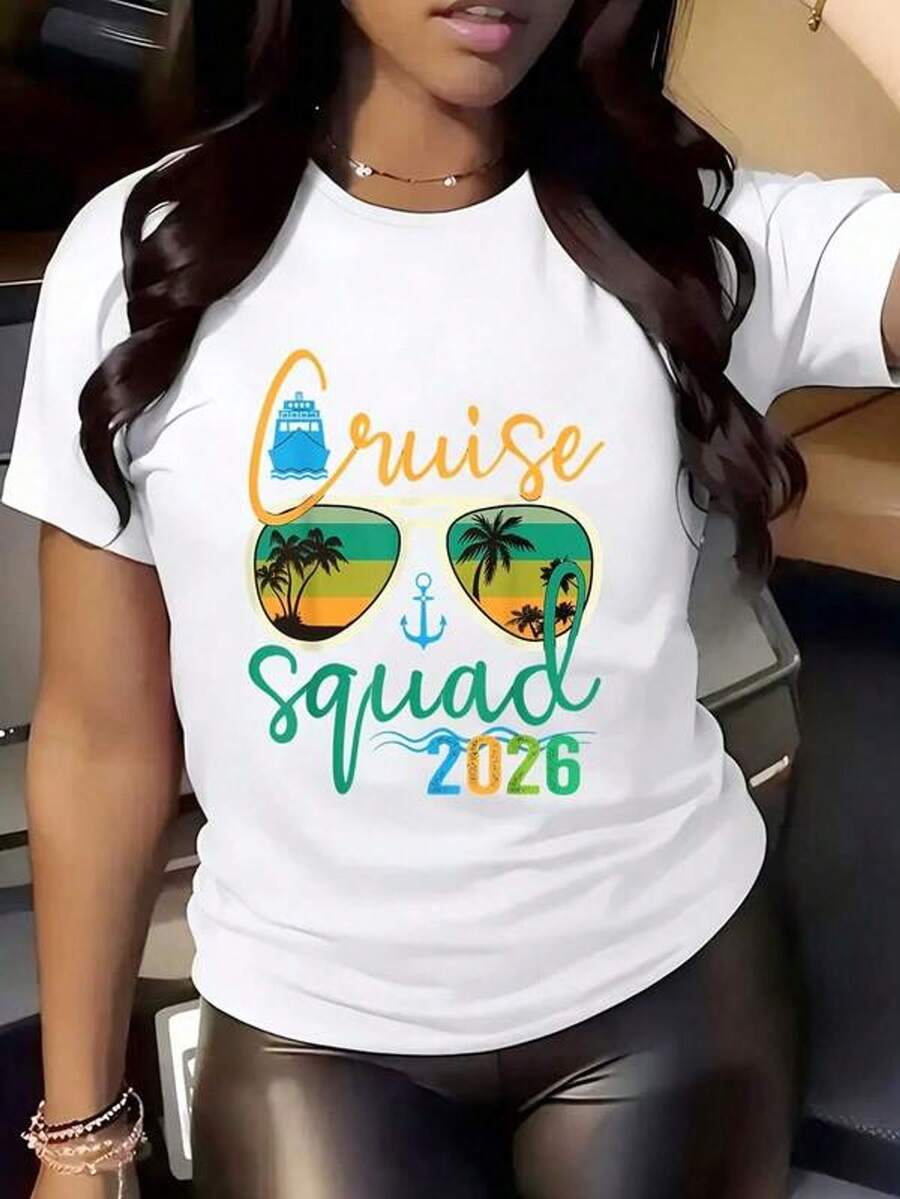 Camiseta de mujer de cuello redondo con diseño de gafas de sol y palmeras para vacaciones de verano, crucero, fiesta en llaya y vies, 220g