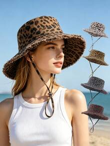 1pc Vintage Leopard Print Frayed Edge Bucket Hat, Adjustable Rope Design, Beach Vacation Sun Protection Hat - Drawstring Leopard Print Fisherman's Hat - View 1