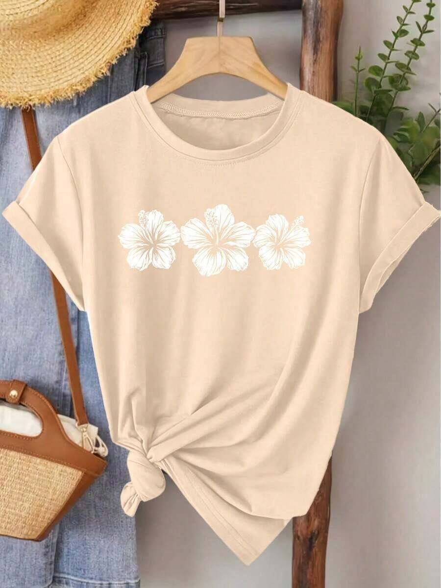 Women's Elegant Vintage Blouse, Short Sleeve, Hibiscus Print, Round Neck, Ideal For Spring And Summer, Versatile Casual Fashion For Travel And Daily Wear, Elegant Retro Style. - 杏色 - 查看 1