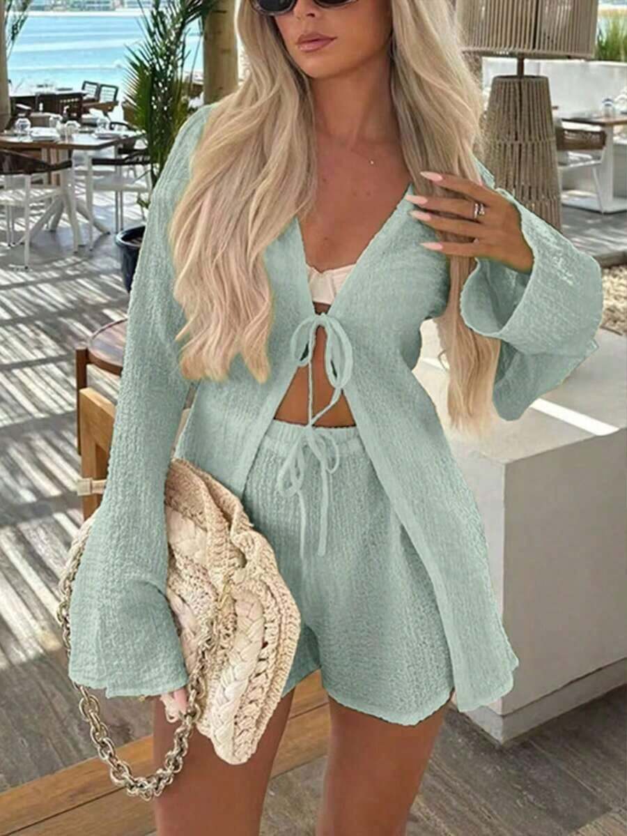 Conjunto de 2 piezas de unicolor minimalista y casual para vacaciones, color blanco, primavera - verde menta - Ver 1